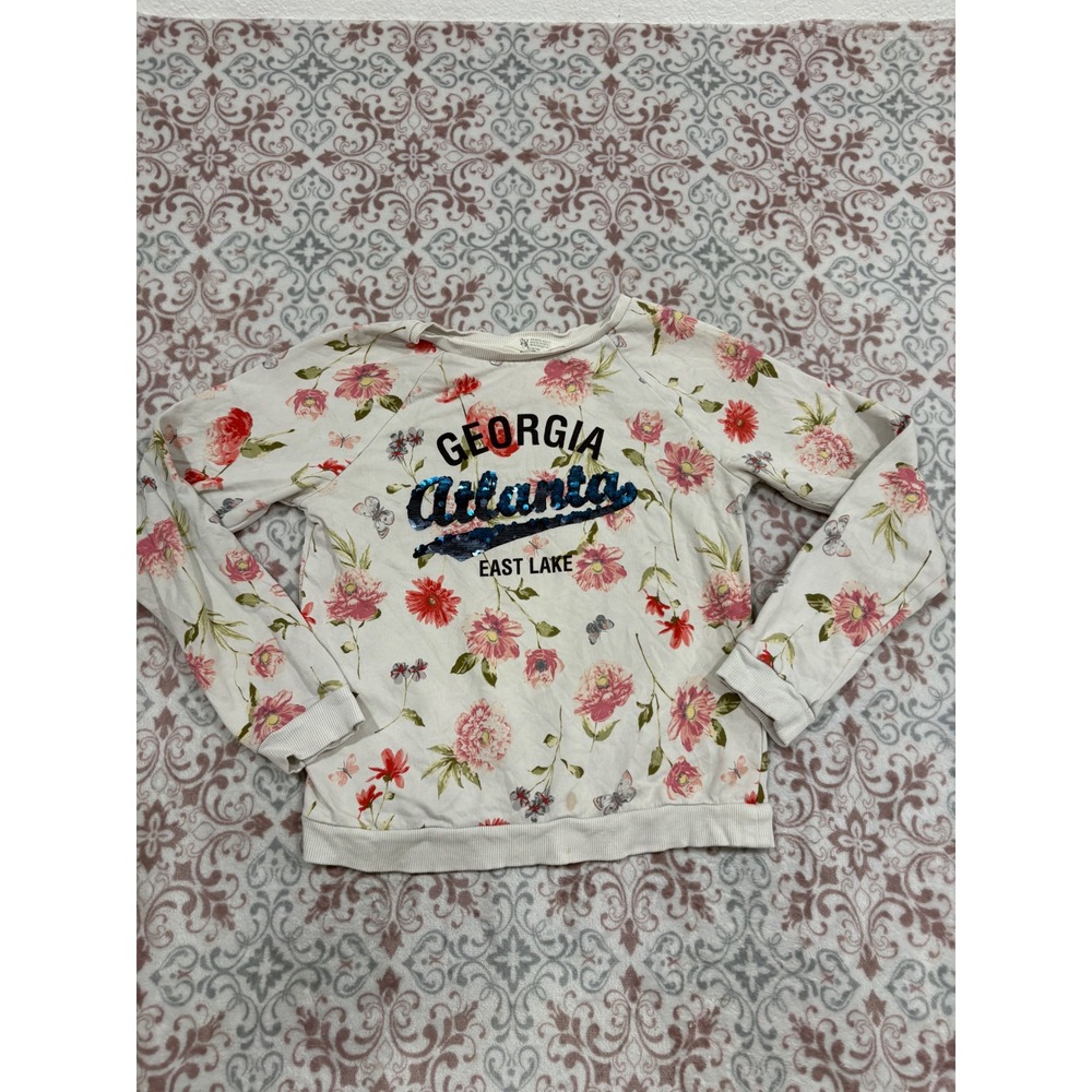 H&M Girls Georgia Atlanta Floral Sequin Sweatshirt Cream Pink Size 10-12Y